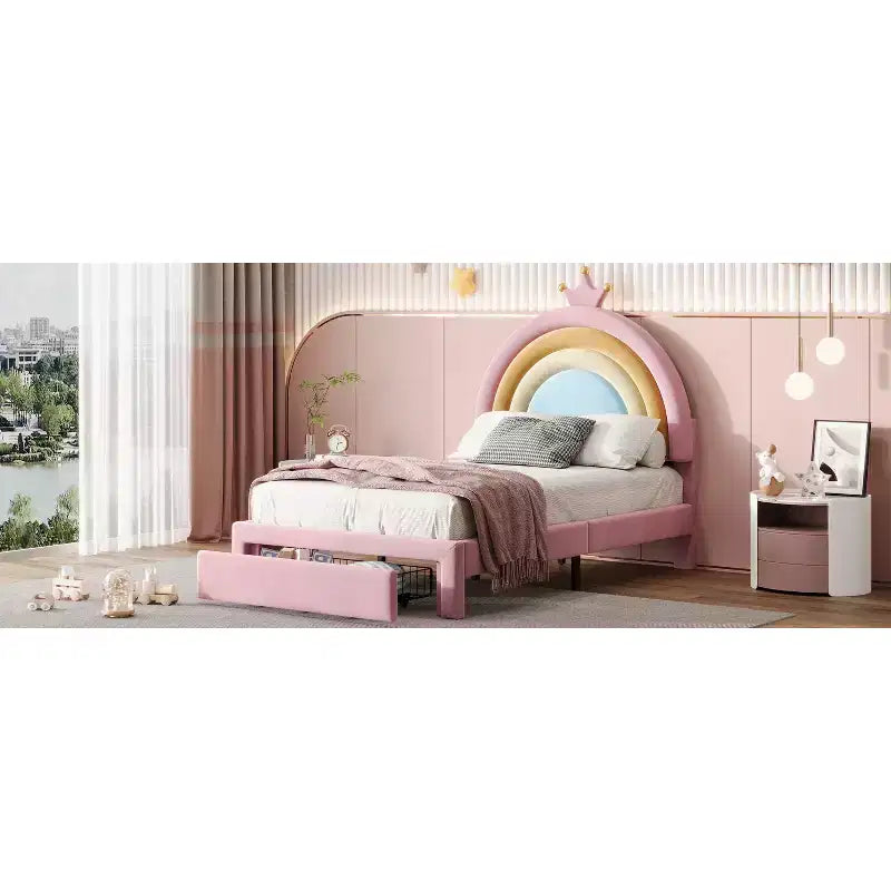 Letto da principessa arcobaleno imbottito a una piazza e mezza con cassetto portaoggetti, letto a piattaforma in velluto, colorato e rosa