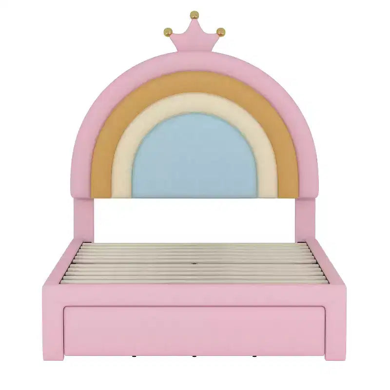 Letto da principessa arcobaleno imbottito a una piazza e mezza con cassetto portaoggetti, letto a piattaforma in velluto, colorato e rosa