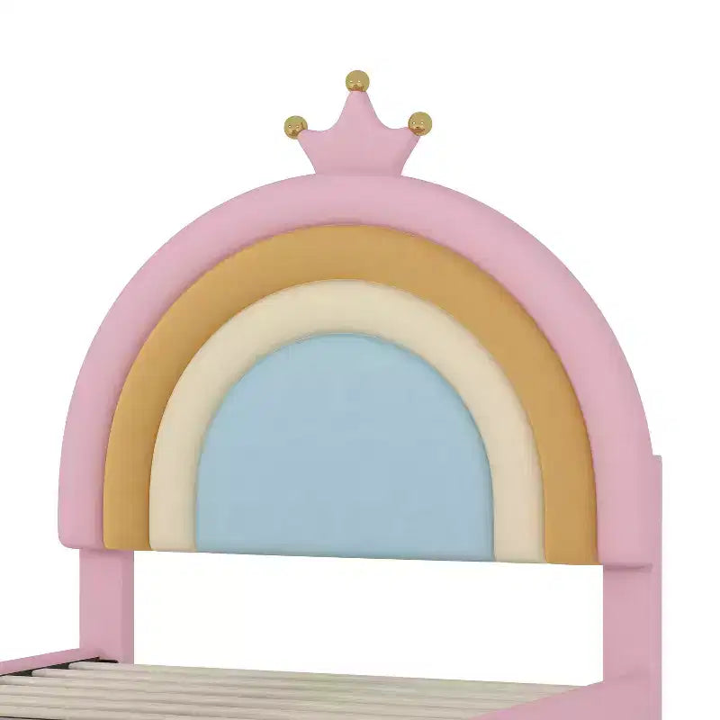 Letto da principessa arcobaleno imbottito a una piazza e mezza con cassetto portaoggetti, letto a piattaforma in velluto, colorato e rosa