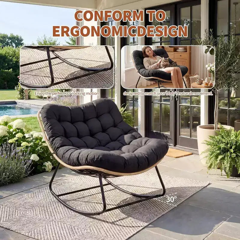 Heavy-Duty Metal Frame Rocking Chair with Thick Cushion, Support 450 Lbs Rocking Motion,Water-Resistant, Single Arc Leg for Patio,Garden,Living Room
