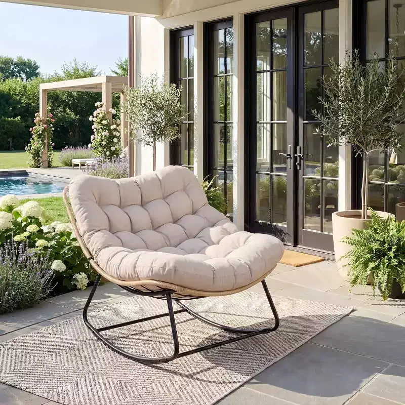 Dondolo in metallo robusto con cuscino spesso, portata 204 kg, movimento a dondolo, resistente all'acqua, gamba ad arco singolo per patio, giardino, soggiorno