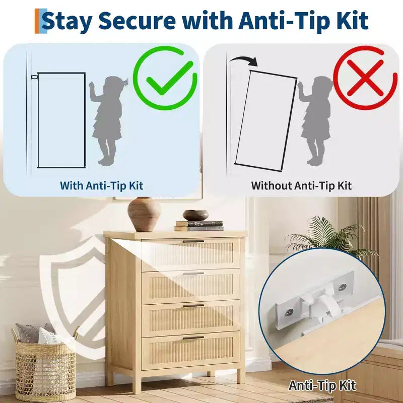 Comò scanalato a 4 cassetti per soggiorno e camera da letto, cassettiera alta 90 cm per armadio, 4 cassetti scanalati con maniglie in metallo, mobiletto per riporre vestiti