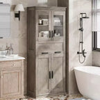 67 Inch Tall Bathroom Storage Cabinet, Freestanding Organizer with 4 Doors and Flip-Up Glass Drawer, Adjustable Shelves for Kitchen Pantry