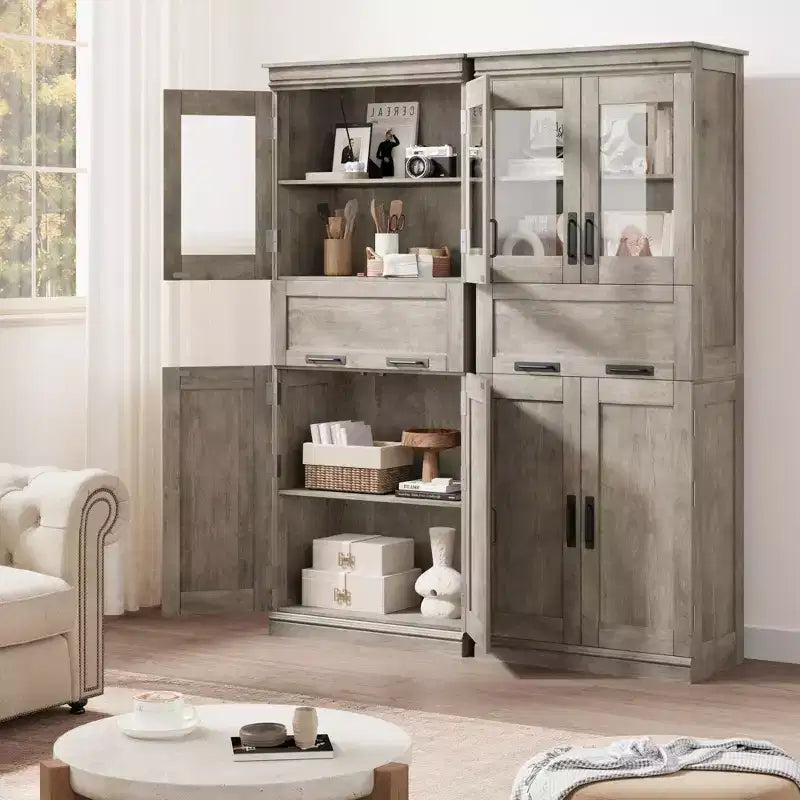 Mobiletto da bagno alto 170 cm, organizer indipendente con 4 ante e cassetto in vetro a ribalta, ripiani regolabili per dispensa cucina