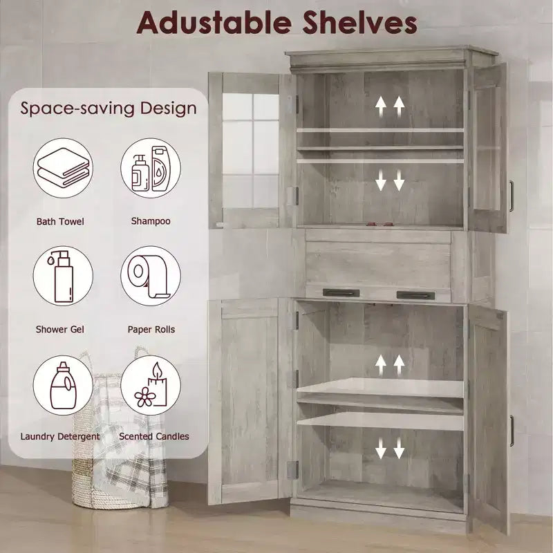 Mobiletto da bagno alto 170 cm, organizer indipendente con 4 ante e cassetto in vetro a ribalta, ripiani regolabili per dispensa cucina