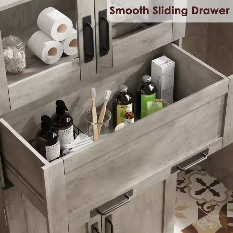Mobiletto da bagno alto 170 cm, organizer indipendente con 4 ante e cassetto in vetro a ribalta, ripiani regolabili per dispensa cucina