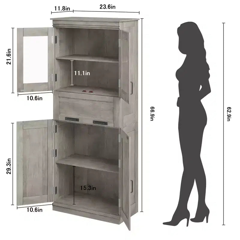 Mobiletto da bagno alto 170 cm, organizer indipendente con 4 ante e cassetto in vetro a ribalta, ripiani regolabili per dispensa cucina