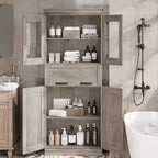 Mobiletto da bagno alto 170 cm, organizer indipendente con 4 ante e cassetto in vetro a ribalta, ripiani regolabili per dispensa cucina