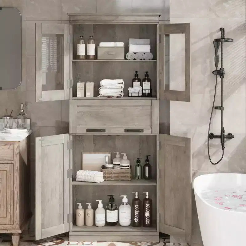 Mobiletto da bagno alto 170 cm, organizer indipendente con 4 ante e cassetto in vetro a ribalta, ripiani regolabili per dispensa cucina