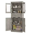 Mobiletto da bagno alto 170 cm, organizer indipendente con 4 ante e cassetto in vetro a ribalta, ripiani regolabili per dispensa cucina