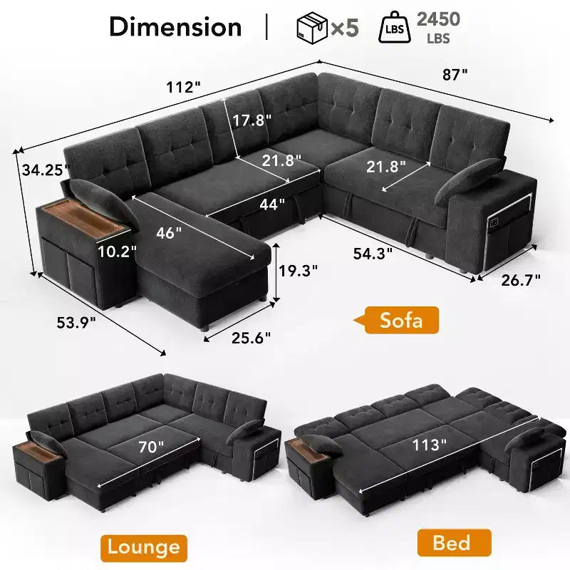 Dyonery 112 Modular Sofa Set, L-Shaped 7-Seater Sofa Bed / With Height-Adjustable Storage Chaise Armrests / USB/LED Light, Chenille Sofa Bed.