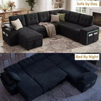 Dyonery 112 Modular Sofa Set, L-Shaped 7-Seater Sofa Bed / With Height-Adjustable Storage Chaise Armrests / USB/LED Light, Chenille Sofa Bed.