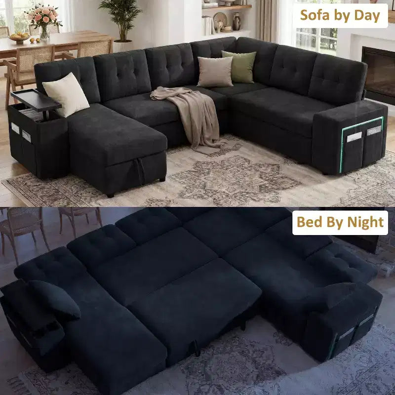 Dyonery 112 Modular Sofa Set, L-Shaped 7-Seater Sofa Bed / With Height-Adjustable Storage Chaise Armrests / USB/LED Light, Chenille Sofa Bed.
