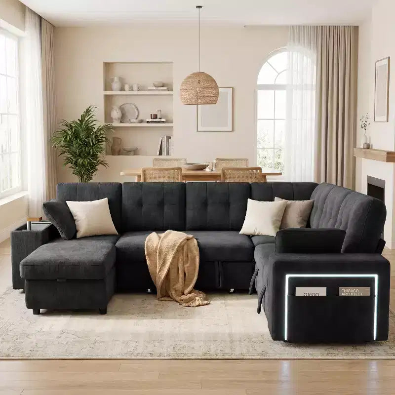 Dyonery 112 Modular Sofa Set, L-Shaped 7-Seater Sofa Bed / With Height-Adjustable Storage Chaise Armrests / USB/LED Light, Chenille Sofa Bed.