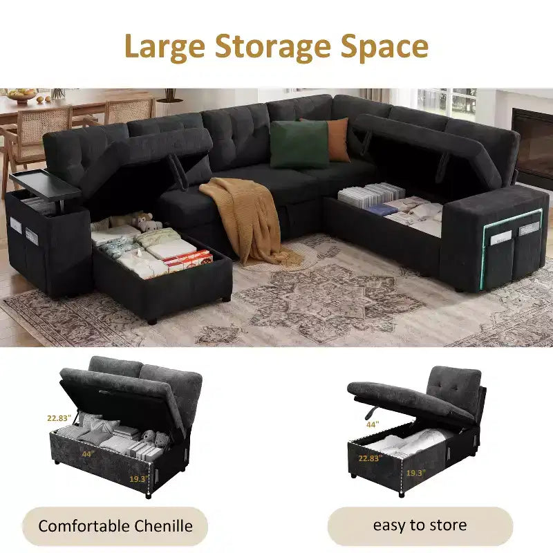 Dyonery 112 Modular Sofa Set, L-Shaped 7-Seater Sofa Bed / With Height-Adjustable Storage Chaise Armrests / USB/LED Light, Chenille Sofa Bed.