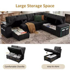Dyonery 112 Modular Sofa Set, L-Shaped 7-Seater Sofa Bed / With Height-Adjustable Storage Chaise Armrests / USB/LED Light, Chenille Sofa Bed.
