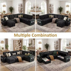 Dyonery 112 Modular Sofa Set, L-Shaped 7-Seater Sofa Bed / With Height-Adjustable Storage Chaise Armrests / USB/LED Light, Chenille Sofa Bed.