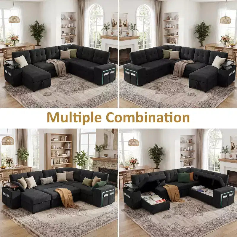 Dyonery 112 Modular Sofa Set, L-Shaped 7-Seater Sofa Bed / With Height-Adjustable Storage Chaise Armrests / USB/LED Light, Chenille Sofa Bed.