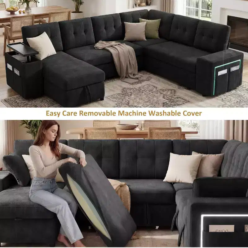 Dyonery 112 Modular Sofa Set, L-Shaped 7-Seater Sofa Bed / With Height-Adjustable Storage Chaise Armrests / USB/LED Light, Chenille Sofa Bed.