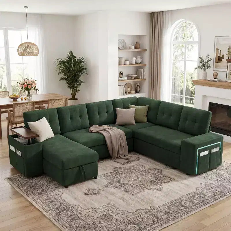 Dyonery 112 Modular Sofa Set, L-Shaped 7-Seater Sofa Bed / With Height-Adjustable Storage Chaise Armrests / USB/LED Light, Chenille Sofa Bed.