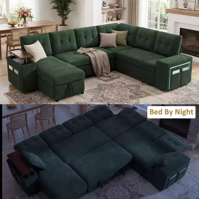 Dyonery 112 Modular Sofa Set, L-Shaped 7-Seater Sofa Bed / With Height-Adjustable Storage Chaise Armrests / USB/LED Light, Chenille Sofa Bed.