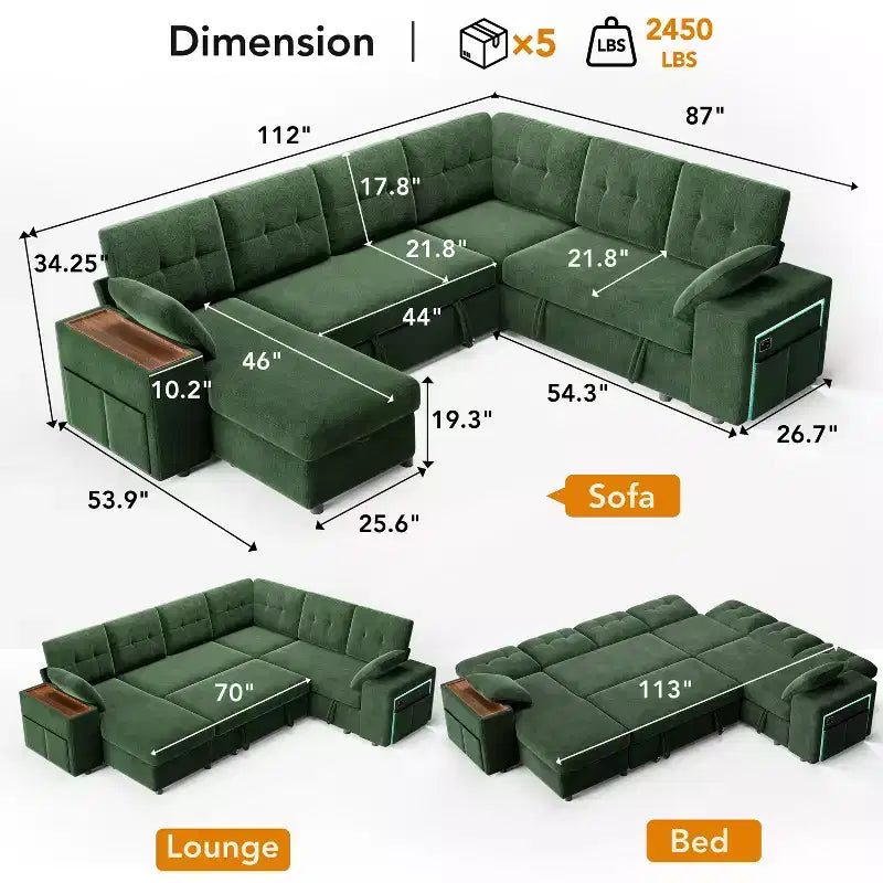 Dyonery 112 Modular Sofa Set, L-Shaped 7-Seater Sofa Bed / With Height-Adjustable Storage Chaise Armrests / USB/LED Light, Chenille Sofa Bed.