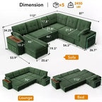 Dyonery 112 Modular Sofa Set, L-Shaped 7-Seater Sofa Bed / With Height-Adjustable Storage Chaise Armrests / USB/LED Light, Chenille Sofa Bed.