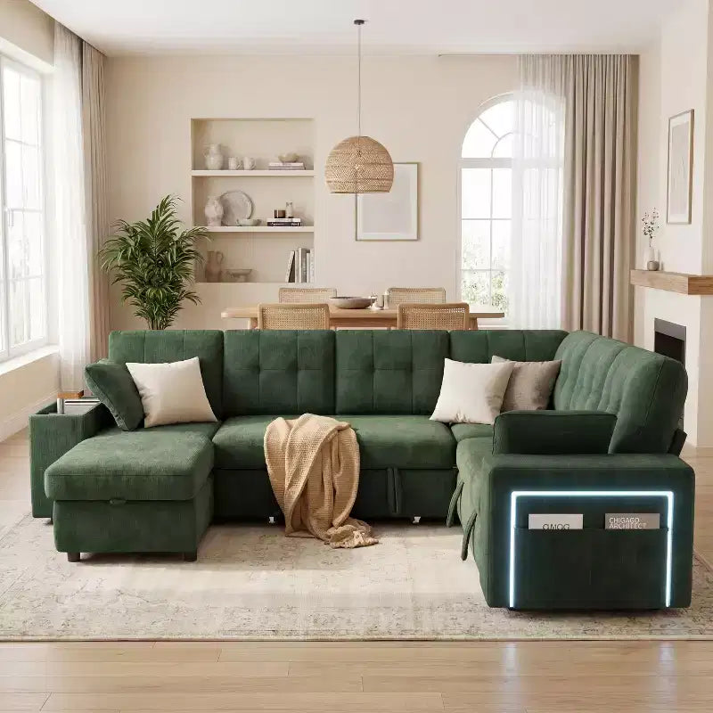 Dyonery 112 Modular Sofa Set, L-Shaped 7-Seater Sofa Bed / With Height-Adjustable Storage Chaise Armrests / USB/LED Light, Chenille Sofa Bed.