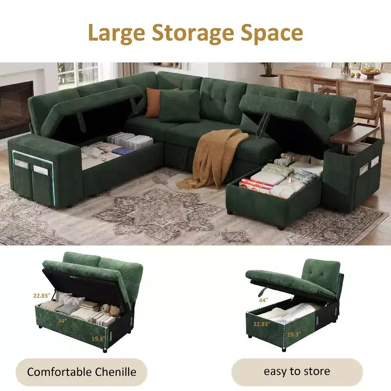 Dyonery 112 Modular Sofa Set, L-Shaped 7-Seater Sofa Bed / With Height-Adjustable Storage Chaise Armrests / USB/LED Light, Chenille Sofa Bed.