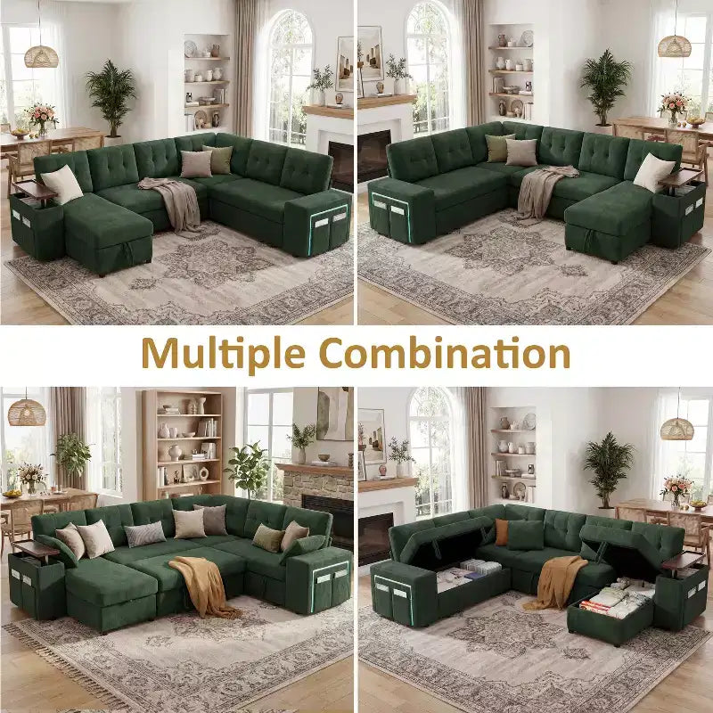 Dyonery 112 Modular Sofa Set, L-Shaped 7-Seater Sofa Bed / With Height-Adjustable Storage Chaise Armrests / USB/LED Light, Chenille Sofa Bed.