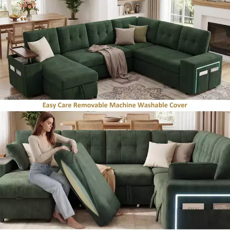 Dyonery 112 Modular Sofa Set, L-Shaped 7-Seater Sofa Bed / With Height-Adjustable Storage Chaise Armrests / USB/LED Light, Chenille Sofa Bed.