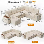 Dyonery 112 Modular Sofa Set, L-Shaped 7-Seater Sofa Bed / With Height-Adjustable Storage Chaise Armrests / USB/LED Light, Chenille Sofa Bed.