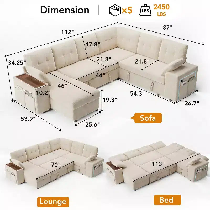 Dyonery 112 Modular Sofa Set, L-Shaped 7-Seater Sofa Bed / With Height-Adjustable Storage Chaise Armrests / USB/LED Light, Chenille Sofa Bed.
