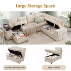 Dyonery 112 Modular Sofa Set, L-Shaped 7-Seater Sofa Bed / With Height-Adjustable Storage Chaise Armrests / USB/LED Light, Chenille Sofa Bed.