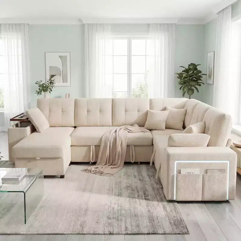 Dyonery 112 Modular Sofa Set, L-Shaped 7-Seater Sofa Bed / With Height-Adjustable Storage Chaise Armrests / USB/LED Light, Chenille Sofa Bed.