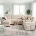 Dyonery 112 Modular Sofa Set, L-Shaped 7-Seater Sofa Bed / With Height-Adjustable Storage Chaise Armrests / USB/LED Light, Chenille Sofa Bed.