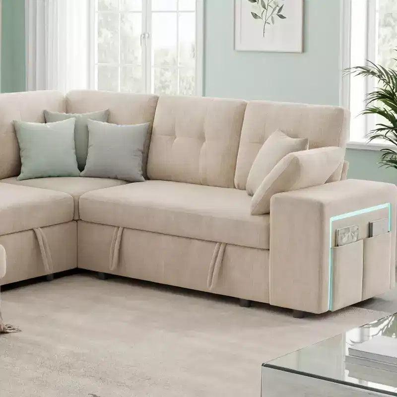 Dyonery 112 Modular Sofa Set, L-Shaped 7-Seater Sofa Bed / With Height-Adjustable Storage Chaise Armrests / USB/LED Light, Chenille Sofa Bed.