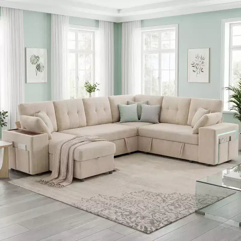 Dyonery 112 Modular Sofa Set, L-Shaped 7-Seater Sofa Bed / With Height-Adjustable Storage Chaise Armrests / USB/LED Light, Chenille Sofa Bed.
