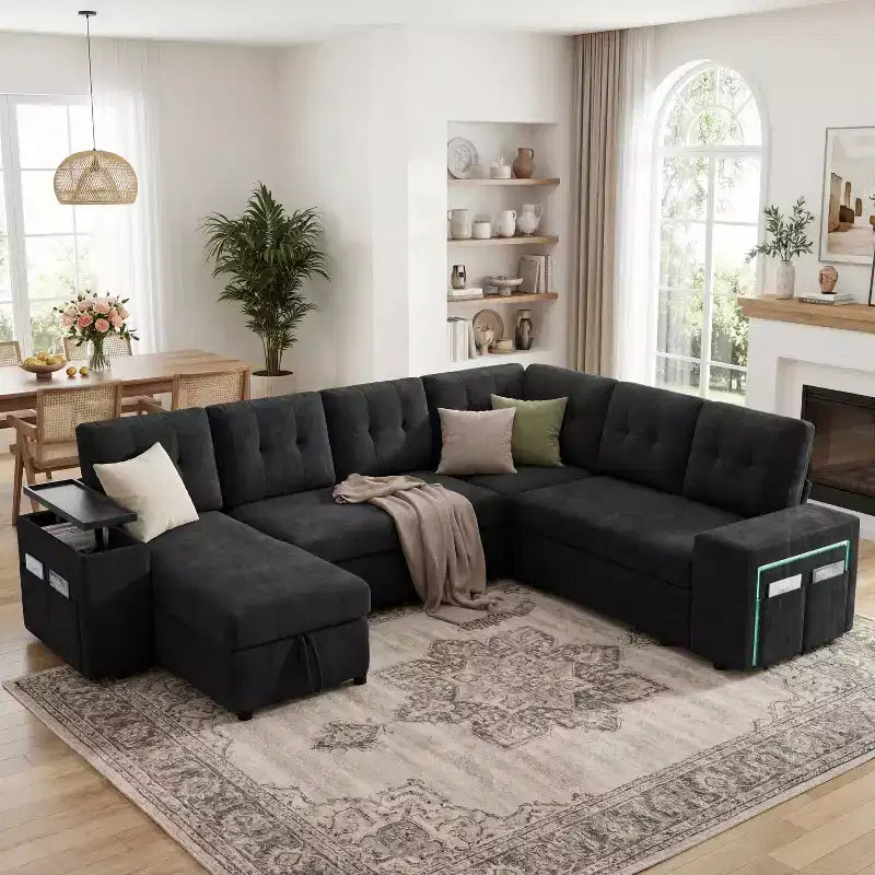 Dyonery 112 Modular Sofa Set, L-Shaped 7-Seater Sofa Bed / With Height-Adjustable Storage Chaise Armrests / USB/LED Light, Chenille Sofa Bed.