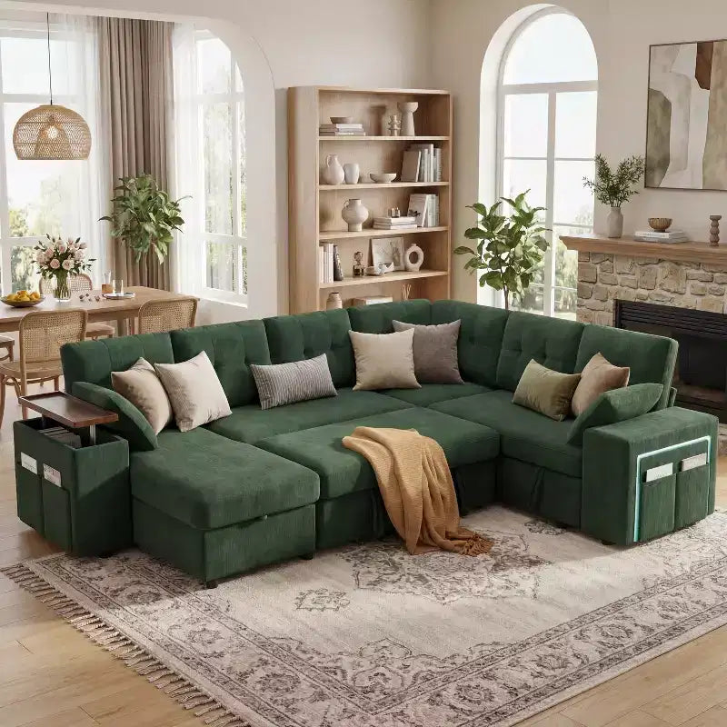 Dyonery 112 Modular Sofa Set, L-Shaped 7-Seater Sofa Bed / With Height-Adjustable Storage Chaise Armrests / USB/LED Light, Chenille Sofa Bed.