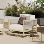 ModernLuxe Patio Swivel Chair Outdoor Acacia Wood Club Chair, Teak Finish, Cream Cushion, Rope-Woven Chair for Garden/Patio