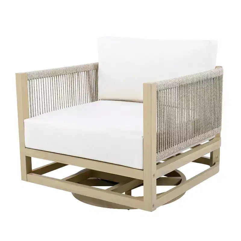 ModernLuxe Poltrona Girevole da Esterno in Legno di Acacia, Finitura Teak, Cuscino Crema, Sedia Intrecciata in Corda per Giardino/Patio