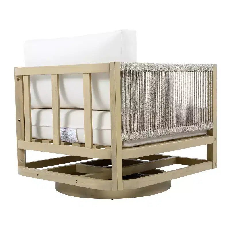 ModernLuxe Poltrona Girevole da Esterno in Legno di Acacia, Finitura Teak, Cuscino Crema, Sedia Intrecciata in Corda per Giardino/Patio
