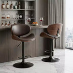 HomeRoots Set of Two Brown and Black Faux Leather Wood And Aluminum Adjustable Height Swivel Bar Chairs