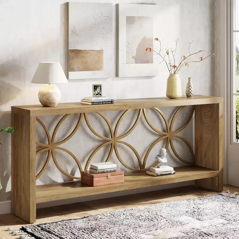 Lantine Tavolo Console Stretto da 180 cm, Tavolo da Divano Lungo Stile Rustico con Ripiano, per Ingresso, Soggiorno, Foyer, Design Unico, Naturale