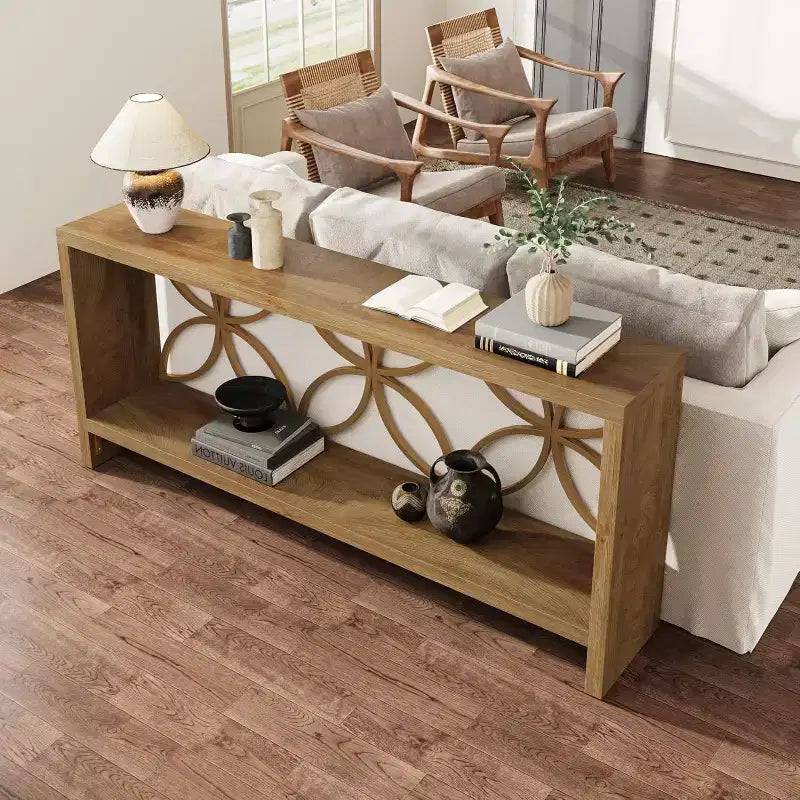 Lantine Tavolo Console Stretto da 180 cm, Tavolo da Divano Lungo Stile Rustico con Ripiano, per Ingresso, Soggiorno, Foyer, Design Unico, Naturale