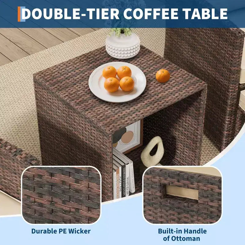 Set di mobili da esterno 5 pezzi per patio, sedie a sdraio in vimini PE con cuscini, set da balcone per tutte le stagioni con pouf e tavolino da caffè per prato, piscina, cortile