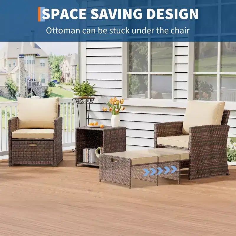 Set di mobili da esterno 5 pezzi per patio, sedie a sdraio in vimini PE con cuscini, set da balcone per tutte le stagioni con pouf e tavolino da caffè per prato, piscina, cortile