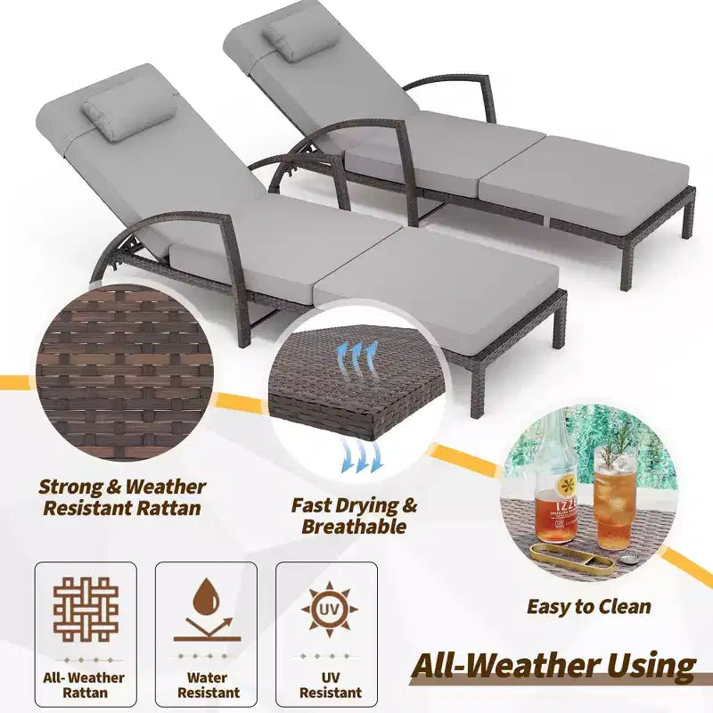 Set of 2 Patio Chaise Lounges,5-Position Adjustable PE Rattan Recliner with Armrests&Cushions,Collapsible Sun Lounger Chairs for Poolside,Deck,Garden