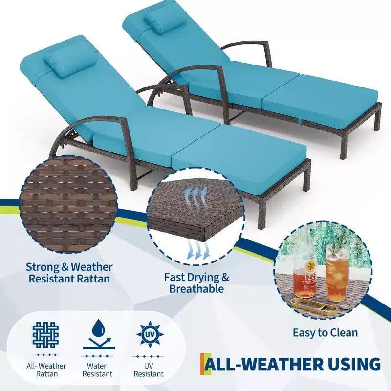 Set of 2 Patio Chaise Lounges,5-Position Adjustable PE Rattan Recliner with Armrests&Cushions,Collapsible Sun Lounger Chairs for Poolside,Deck,Garden